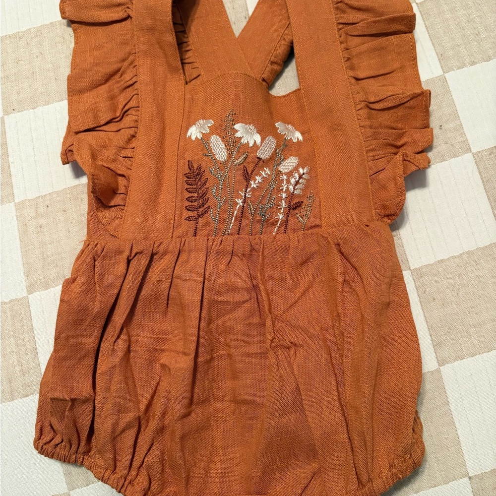 Rust Orange Kids Bodysuit with Floral Embroidery